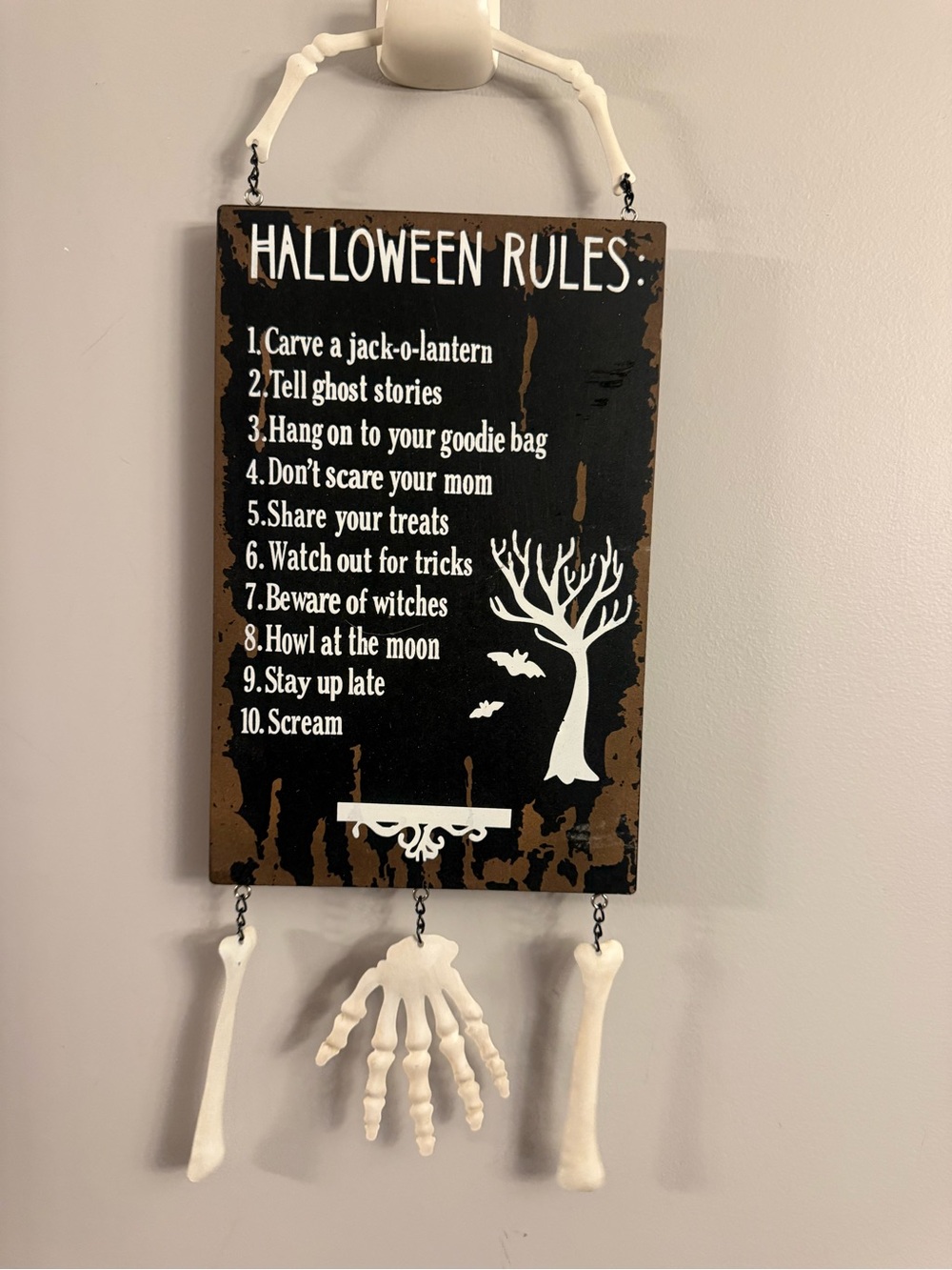 Halloween Rules Hanging Sign Skeleton Hand Bones Rustic Spooky Wall Decor